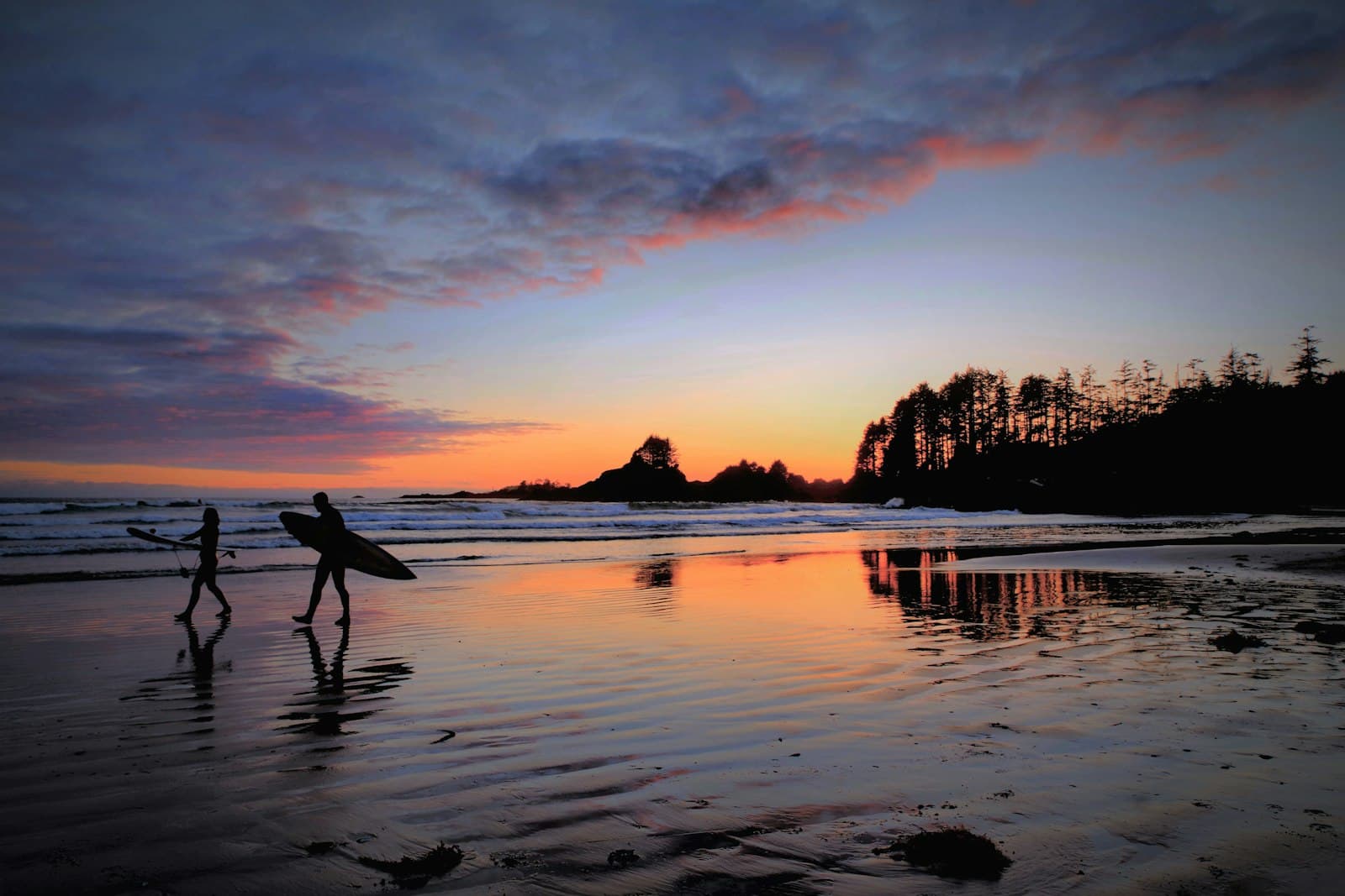 Two travellers walking a Pacific beach at sunset